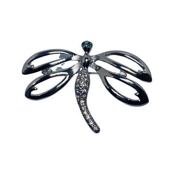 Shimmering Crystal Rhinestone Dragon Fly Vintage Silver Tone Brooch Pin 2.75” - Picture 6 of 15
